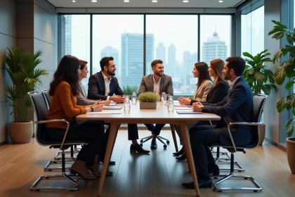 Groupe de professionnels en réunion dans un bureau moderne