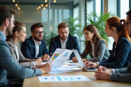 Groupe de professionnels en réunion autour de tableaux colorés