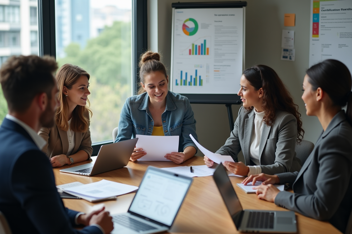 Groupe diversifié discutant de documents de certification