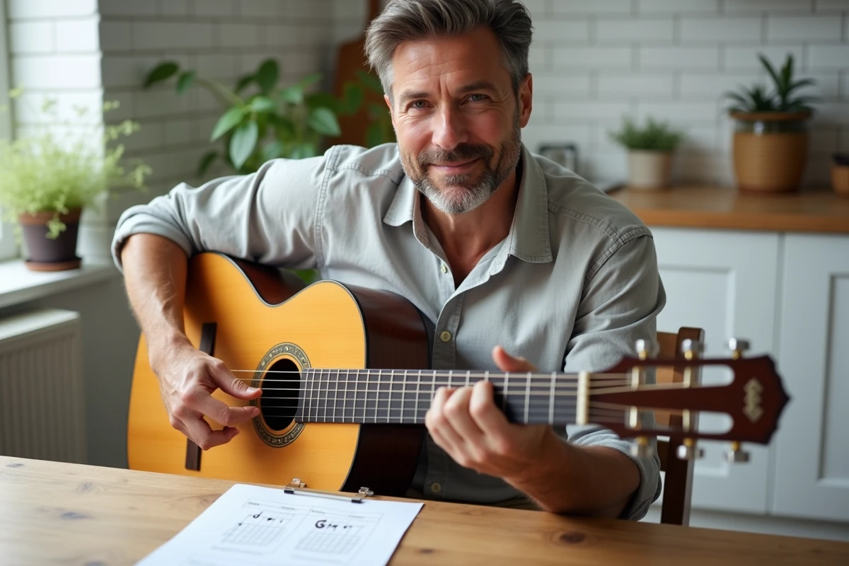 Homme adulte qui s'exerce à jouer l'accord Gm sur une guitare classique avec une fiche d'accords