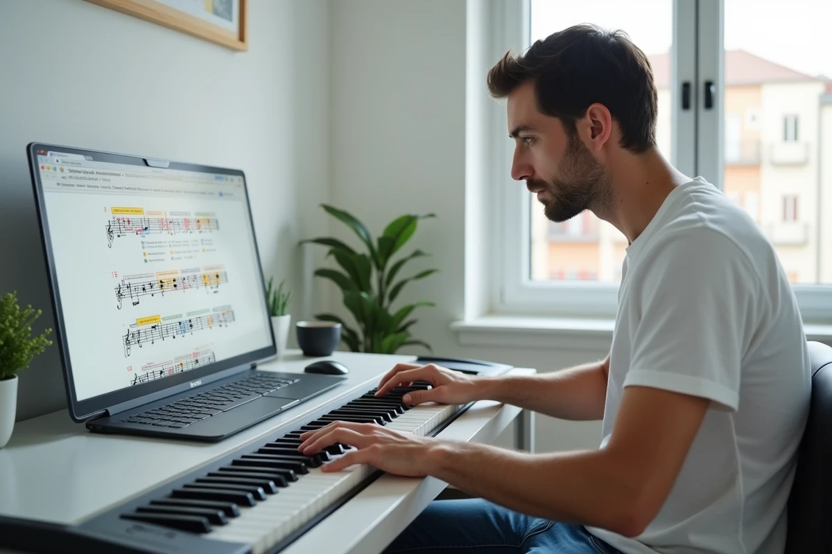 Homme adulte apprenant le piano en ligne avec un tutoriel sur ordinateur portable, exemple de progression rapide au piano sans professeur