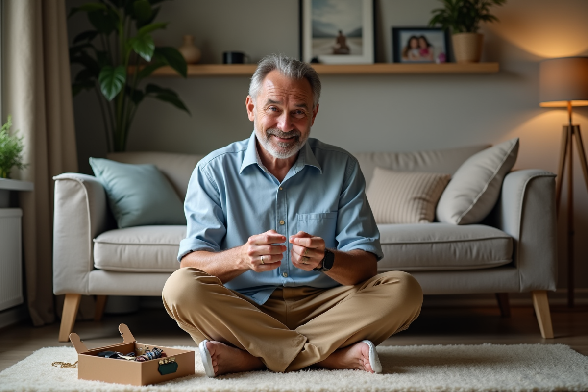 Homme créant un bracelet de bijoux dans son salon