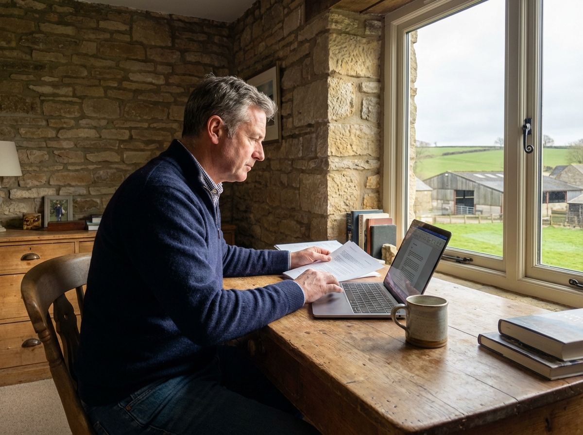 Homme travaillant dans un bureau rural cosy