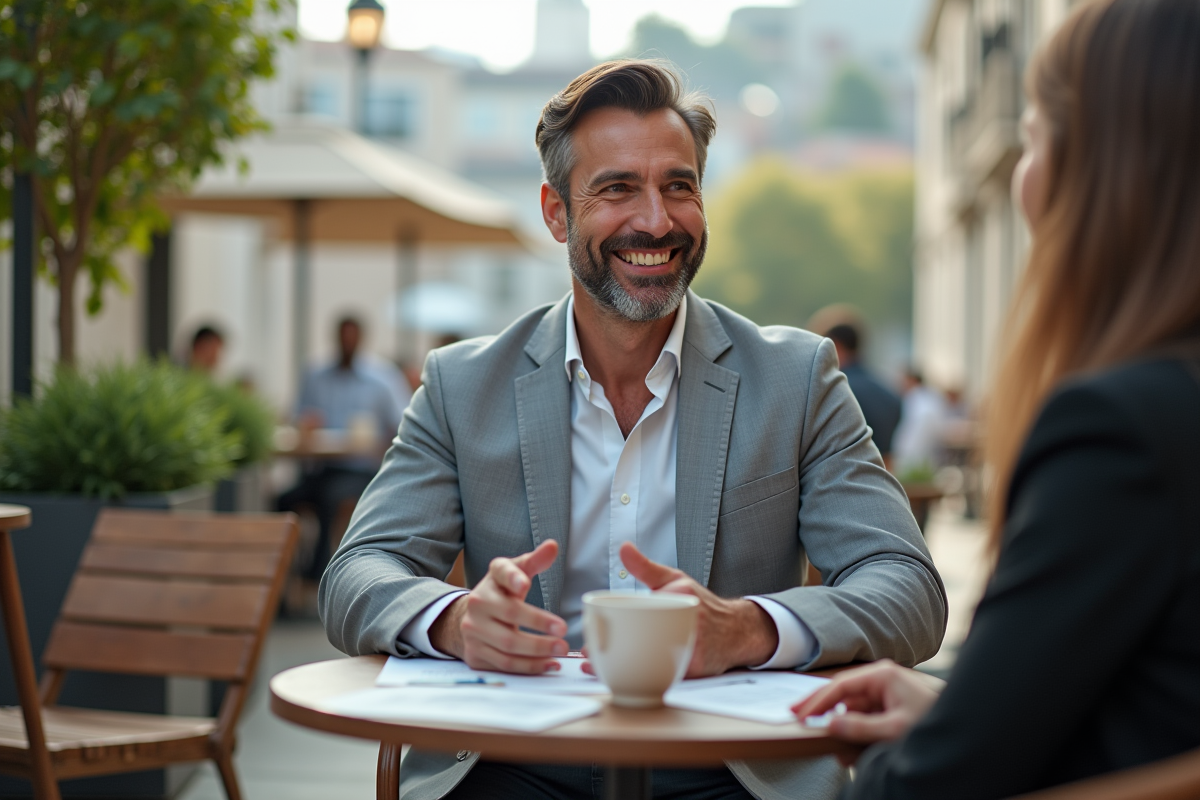 Homme souriant en costume dans un café en extérieur