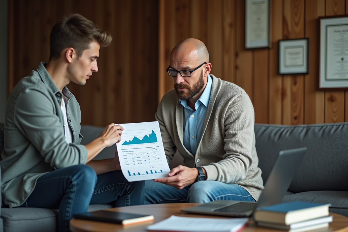 Homme expliquant un graphique financier à un jeune adulte