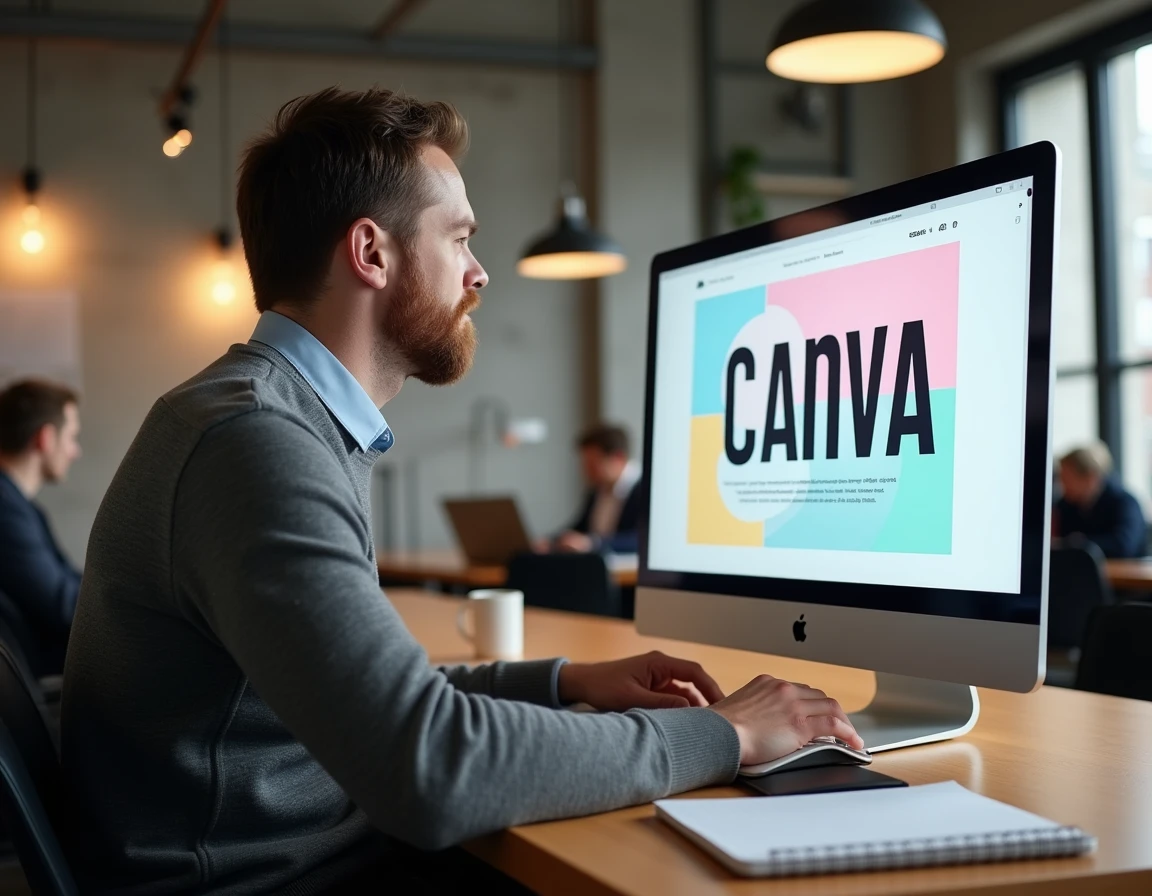 Homme en télétravail dans un espace de coworking apprenant à concevoir une newsletter sur Canva
