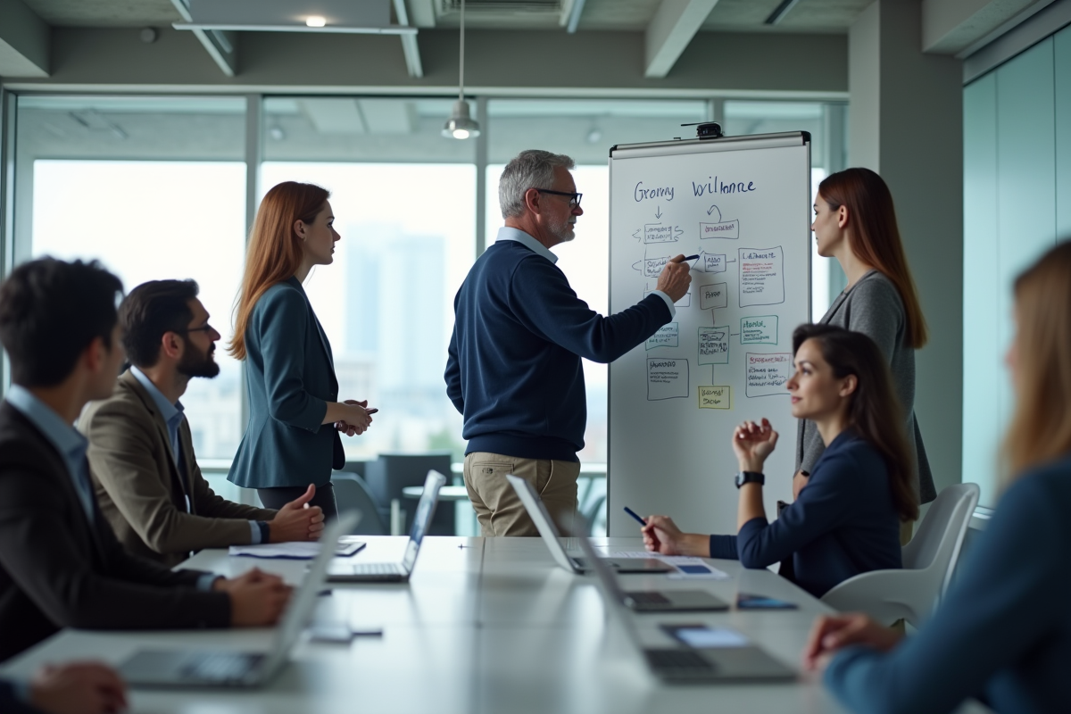 Homme dessinant un diagramme avec ses collègues en réunion