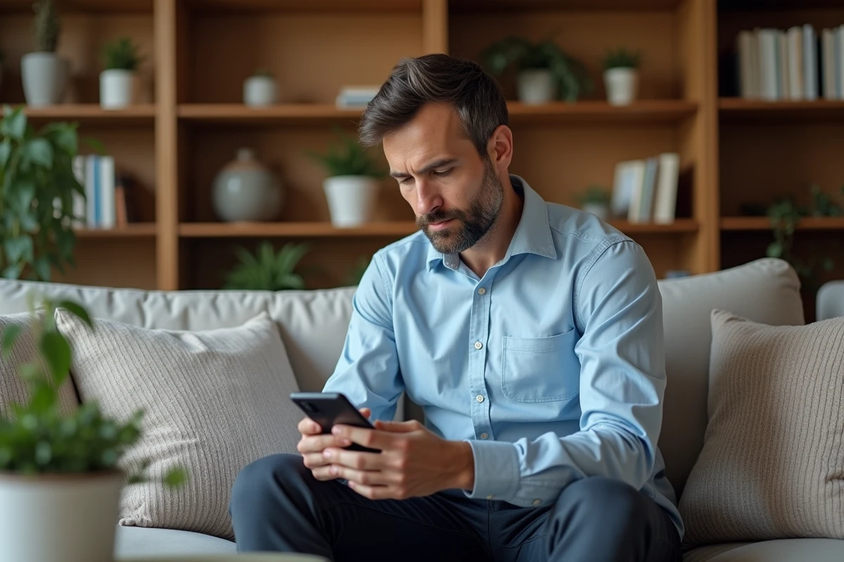 Homme détendu regardant son smartphone dans un salon cosy