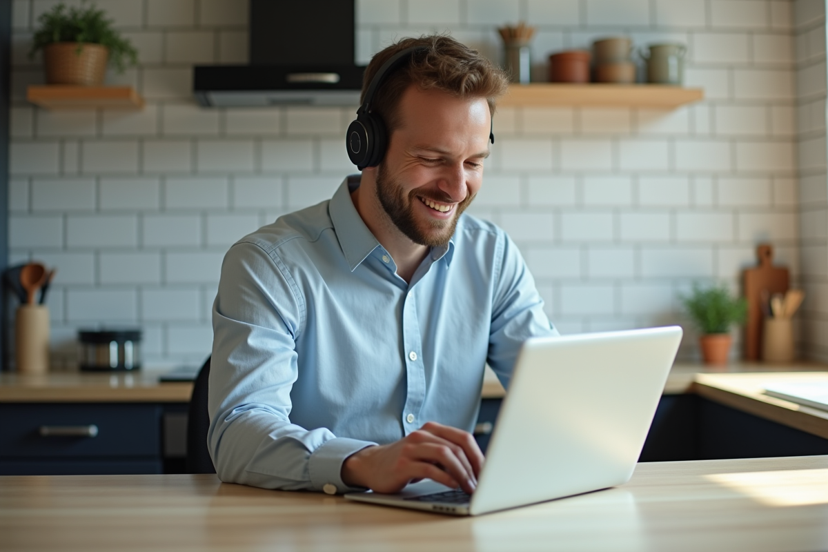 Homme utilisant une tablette dans une cuisine lumineuse