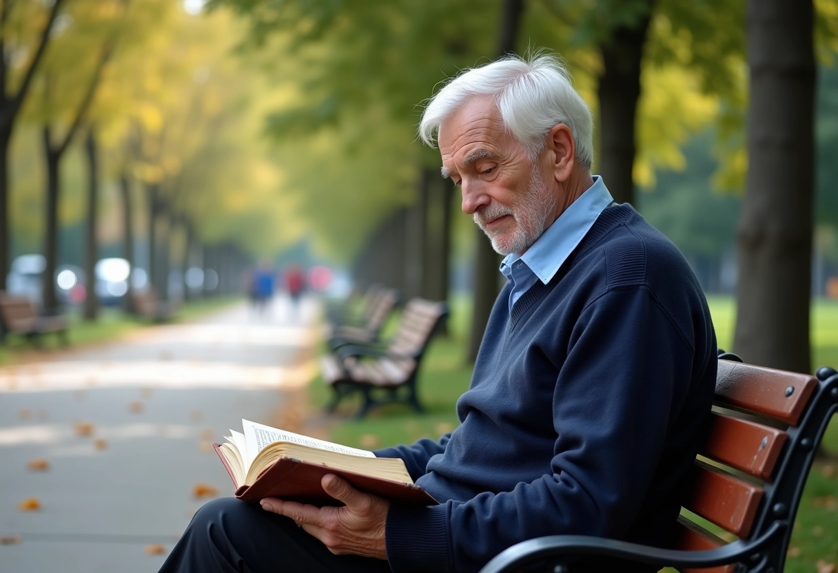 Homme âgé lit un livre dans un parc urbain calme