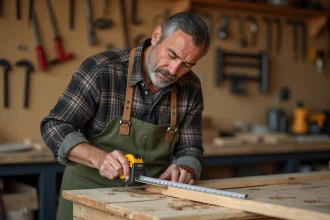 Homme adulte mesurant une planche en bois dans un atelier de bricolage organisé, cours de bricolage pratique