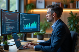 Homme d affaires travaillant sur un ordinateur en open space