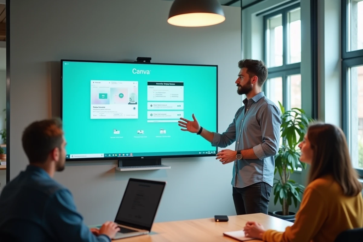 Jeune homme expliquant Canva &agrave; ses coll&egrave;gues dans un espace de coworking