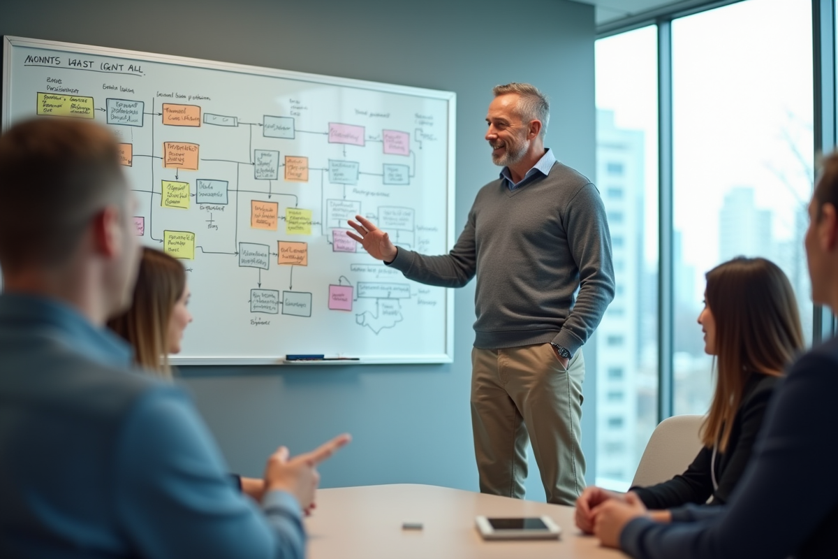 Homme en réunion expliquant des graphiques sur un tableau blanc