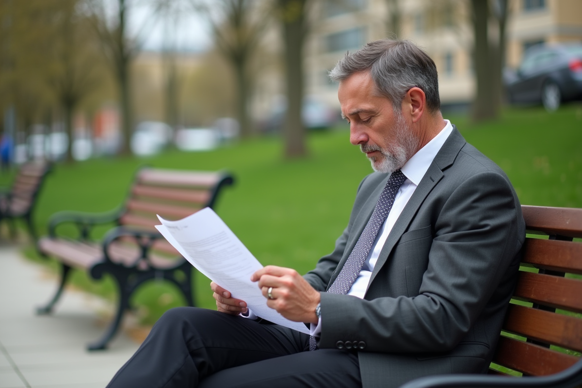 Homme en costume examine un CV dans un parc en plein air