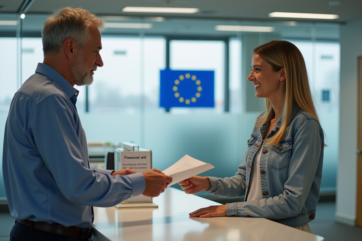 Homme remettant un document à une jeune femme dans un bureau public
