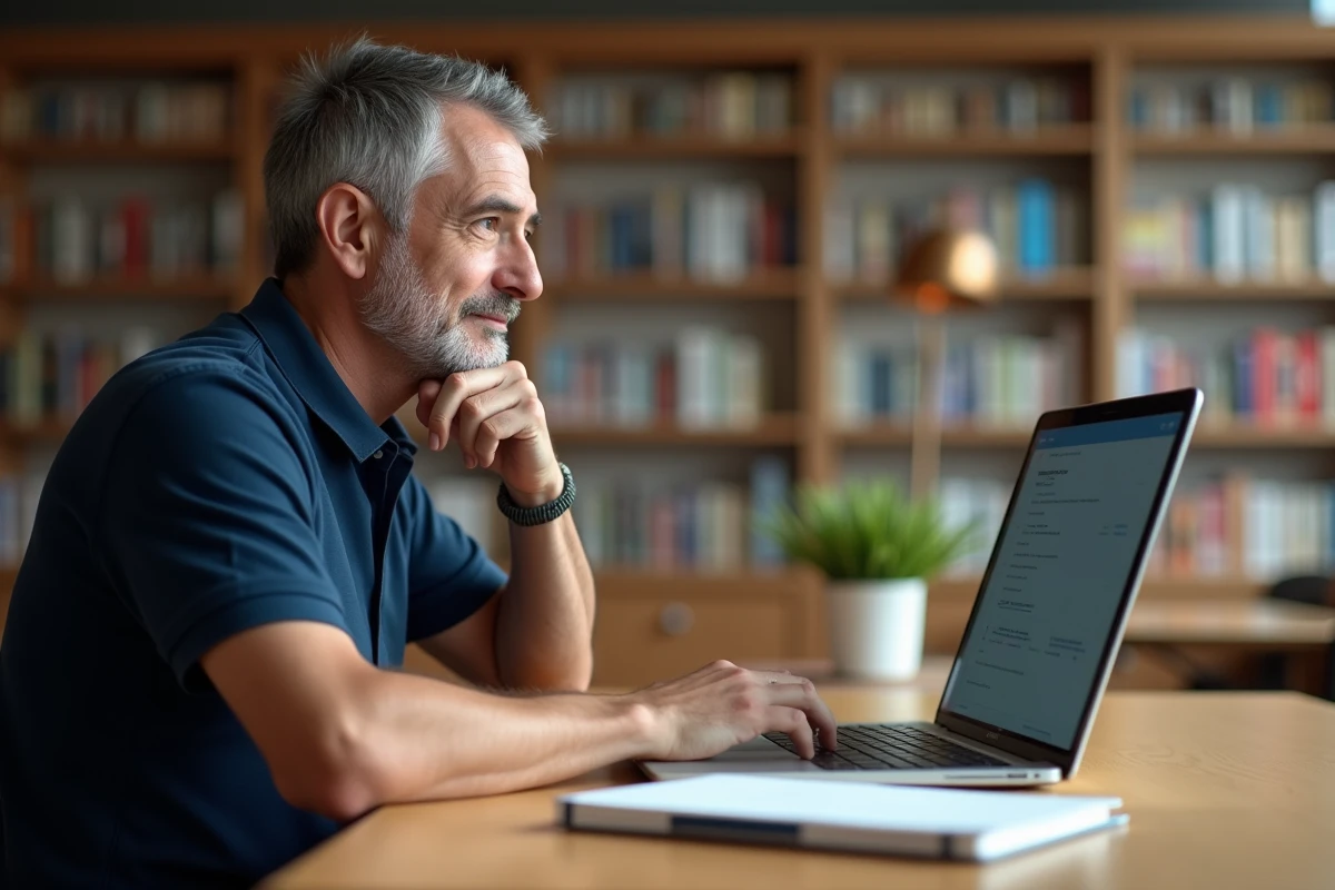 Homme adulte passant un test de QI gratuit en ligne dans une bibliothèque publique
