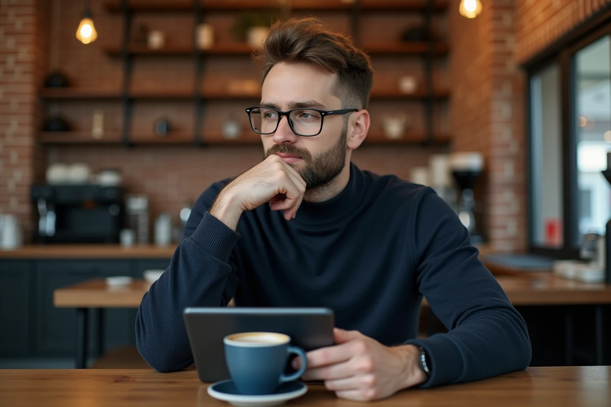 Homme réfléchi répondant à un test de QI anonyme sur une tablette dans un café moderne