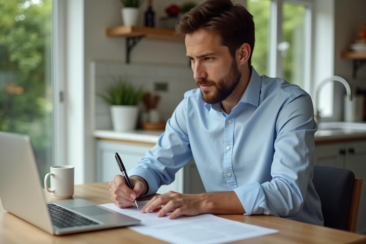 Jeune homme professionnel lisant une lettre sur son ordinateur