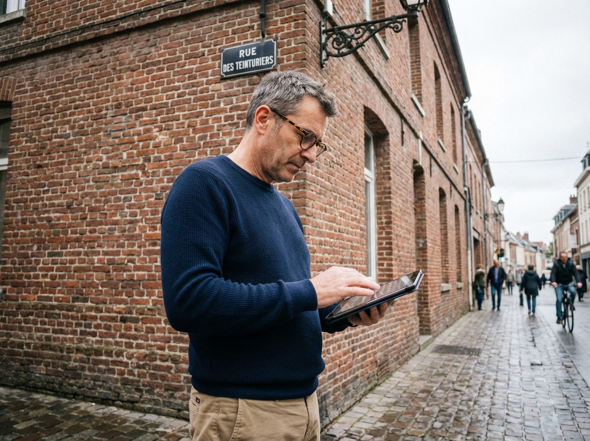 Homme v&eacute;rifiant des informations sur une tablette en ville