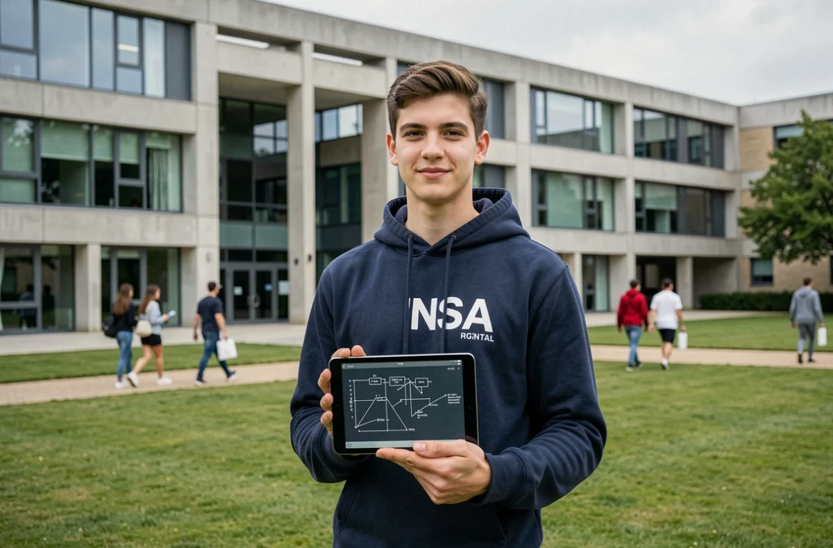 Étudiant en ingénierie devant le bâtiment moderne de l'INSA Rouen Normandie