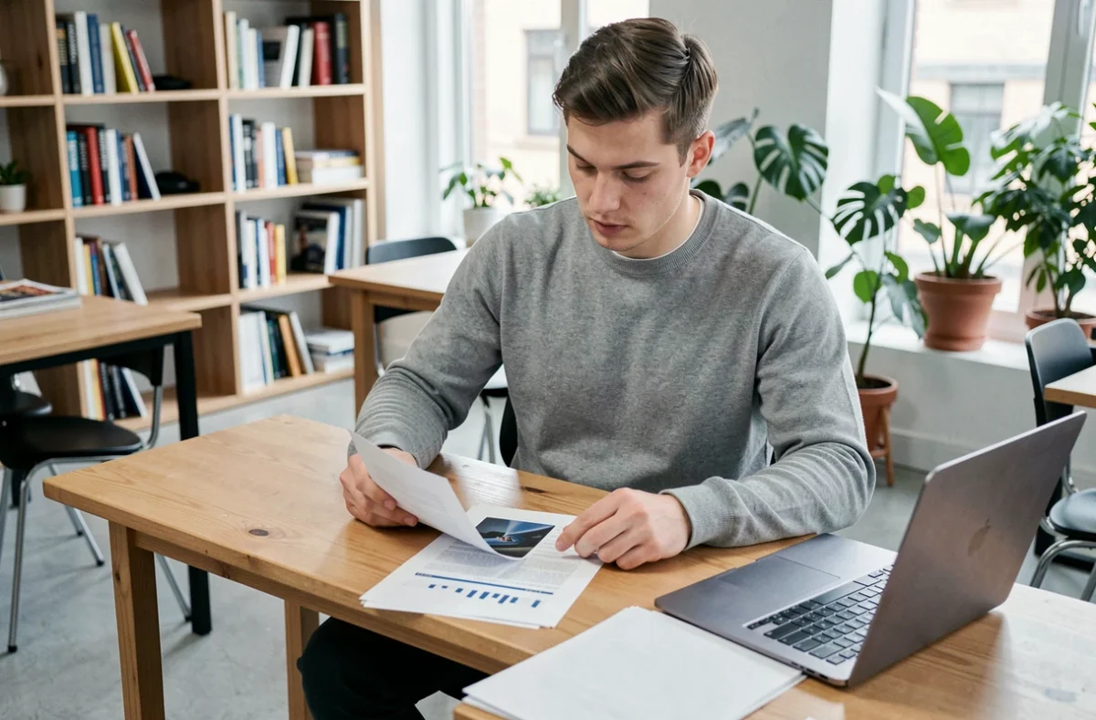 Jeune homme après son diplôme du lycée Jean Moulin de Vincennes travaillant dans un espace coworking, symbolisant l'insertion professionnelle après le baccalauréat