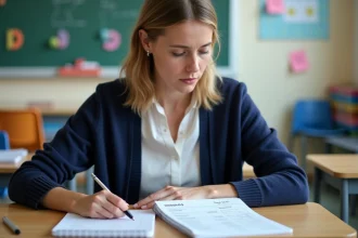Institutrice en école primaire consultant sa fiche de paie avec des cahiers d'élèves sur son bureau de classe