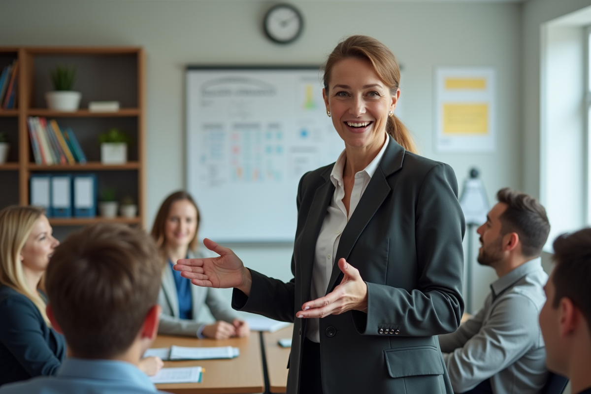 Instructrice en blazer parlant à un groupe d