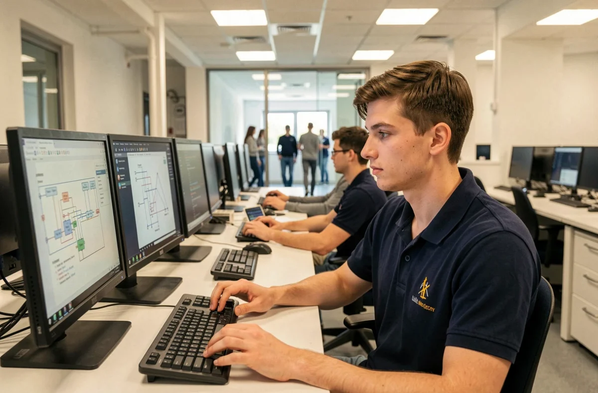 Étudiant de l'ISEN Lille travaillant sur un poste informatique dans un laboratoire d'ingénierie moderne