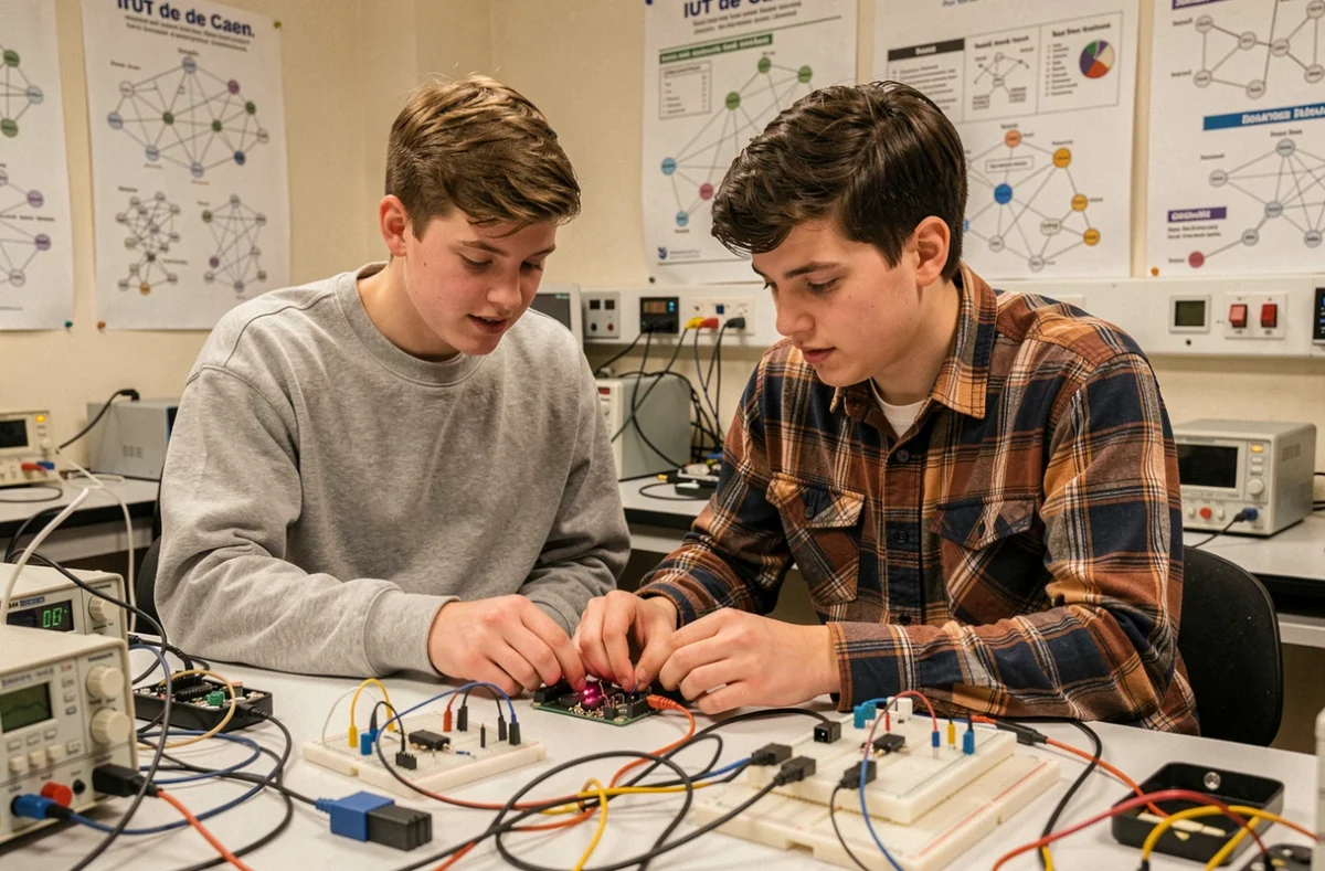 Deux étudiants en BUT Informatique assemblant un projet sur Raspberry Pi à l'IUT de Caen
