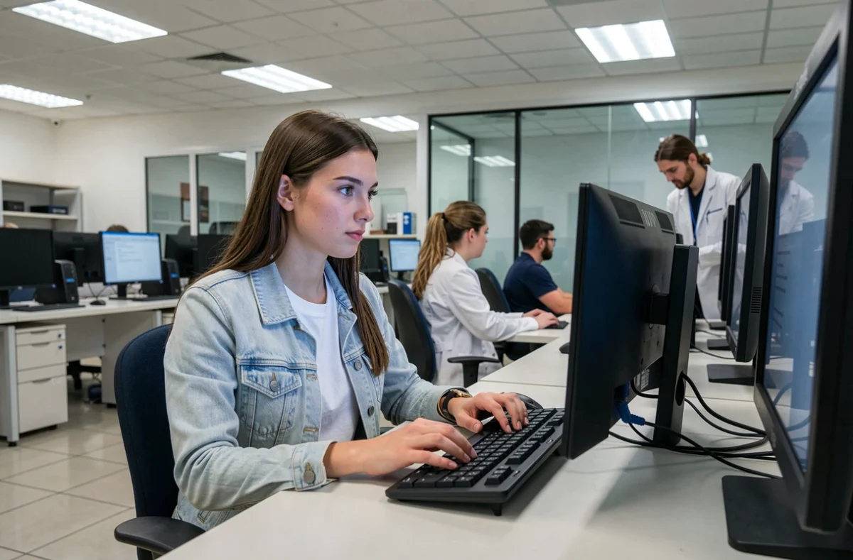 Étudiante en BUT Informatique travaillant sur un poste informatique à l'IUT de Rouen