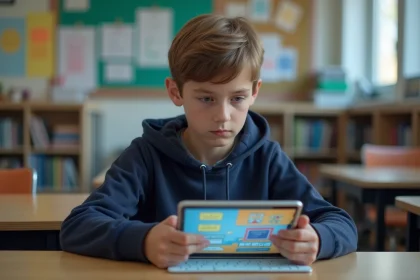 Jeune gar&ccedil;on au lyc&eacute;e utilisant une tablette &eacute;ducative