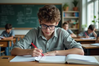 Jeune garçon concentré à étudier dans une classe moderne