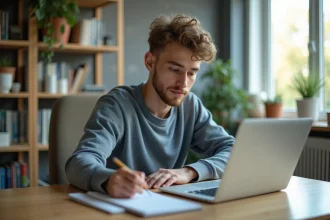 Jeune étudiant universitaire travaillant sur son ordinateur portable