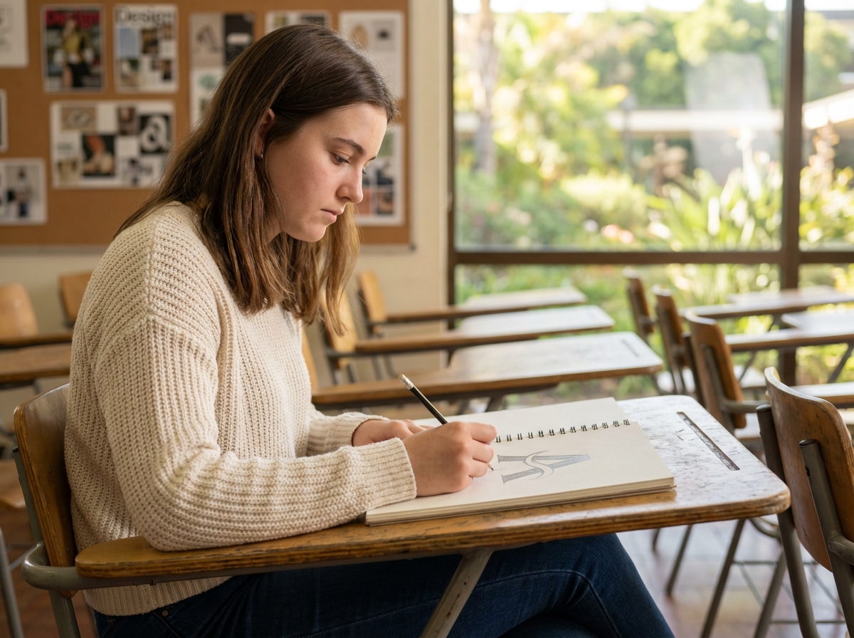 Étudiante en train de dessiner dans une salle de classe lumineuse
