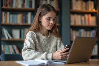 Jeune femme &agrave; la biblioth&egrave;que avec smartphone et ordinateur