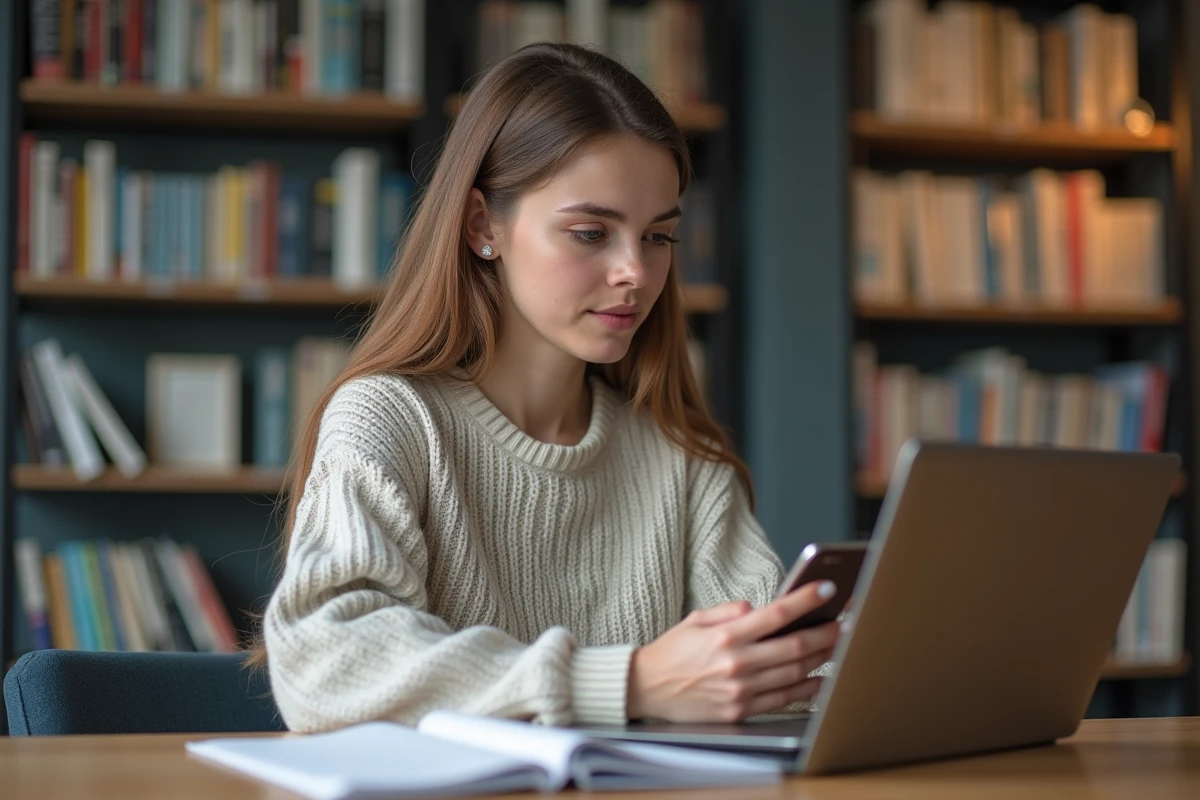 Jeune femme à la bibliothèque avec smartphone et ordinateur