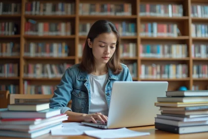Jeune femme concentr&eacute;e dans une biblioth&egrave;que avec ordinateur