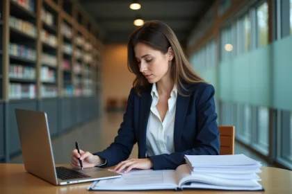 Jeune femme en blazer navy &agrave; la biblioth&egrave;que universitaire