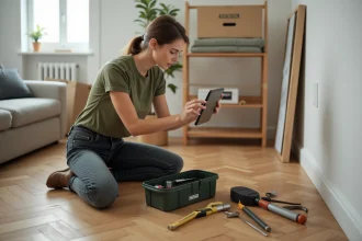 Jeune femme locataire apprenant le bricolage sur tablette avec ses outils posés sur le parquet de son appartement