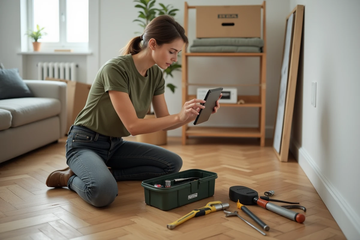 Jeune femme locataire apprenant le bricolage sur tablette avec ses outils posés sur le parquet de son appartement