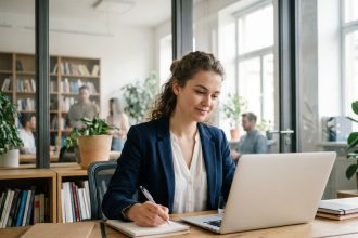 Jeune femme au bureau en coworking avec ordinateur et notes