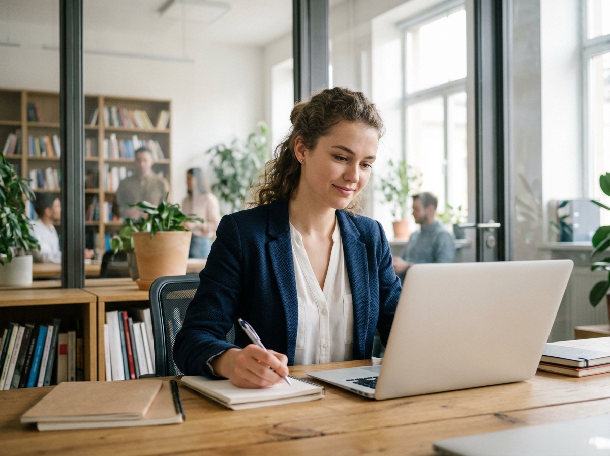 Jeune femme au bureau en coworking avec ordinateur et notes