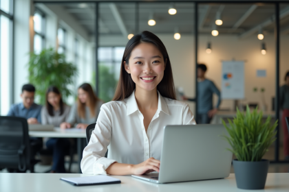 Jeune femme souriante au bureau en mode business casual