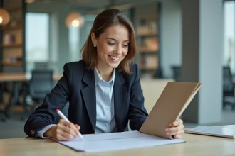 Jeune femme en bureau étudiant des documents Esterel Académie