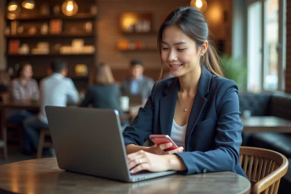 Jeune femme au café de Bordeaux met à jour son profil LinkedIn