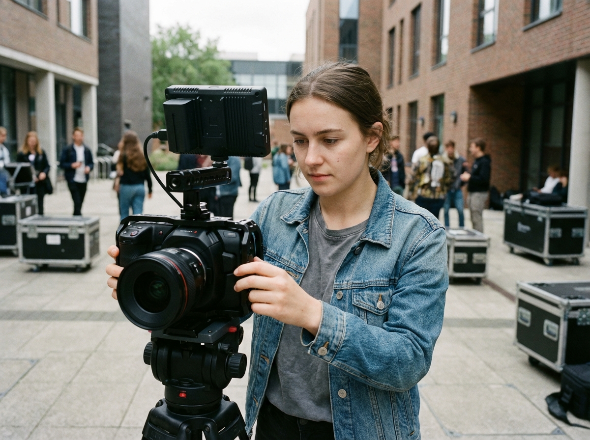 Jeune femme ajustant une cam&eacute;ra dans la cour d