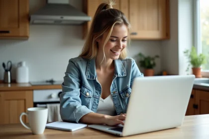 Jeune femme en denim suit un cours de conduite en ligne &agrave; la maison