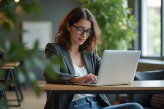 Jeune femme travaillant sur son ordinateur dans un espace coworking à Bordeaux