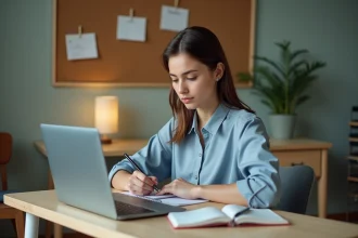 Jeune femme en étude en ligne prenant des notes